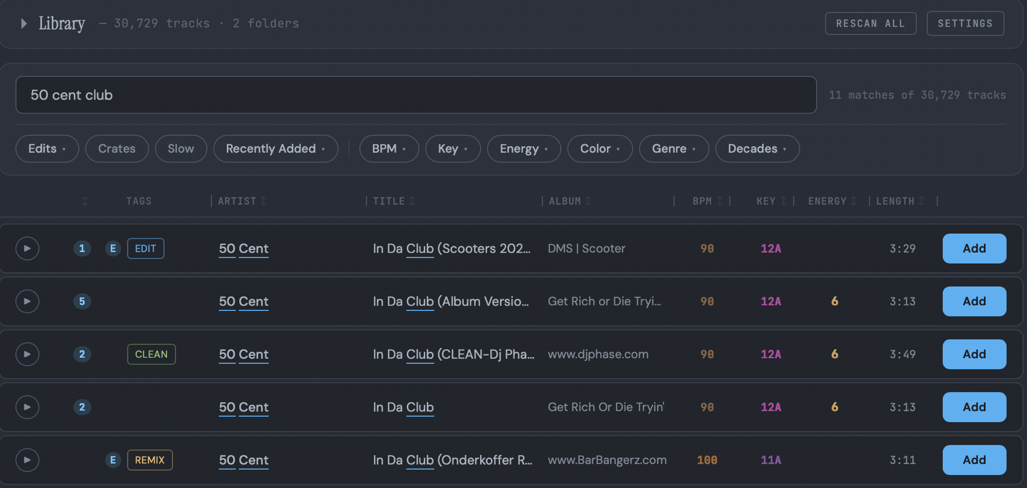 CrateScrape Smart Search showing 11 matches for "50 cent club" with the DJ edit floating to the top.